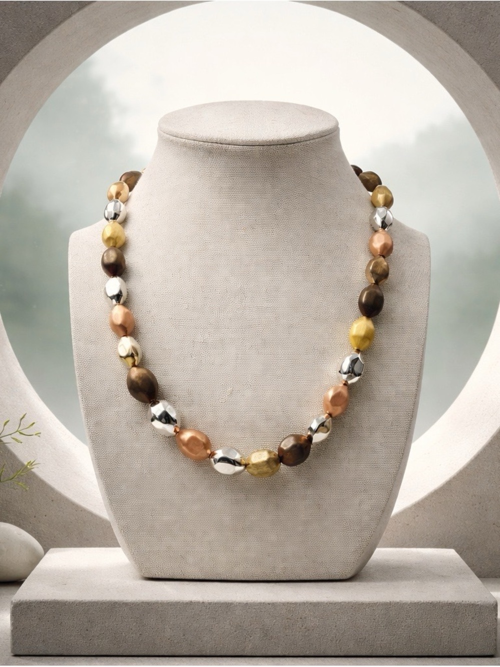 Arte d’Argento 925 Multi Tone Nugget Bead Necklace 18” Italy Graduated Faceted